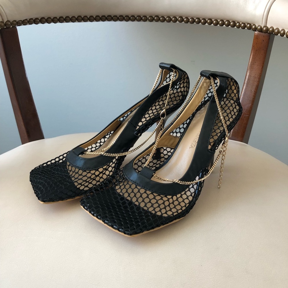 Designer inspired black net heels
